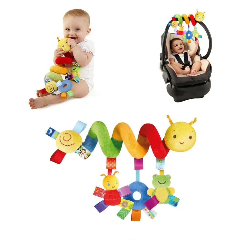 Plush spiral infant car seat toy with colorful animal rattles and textures