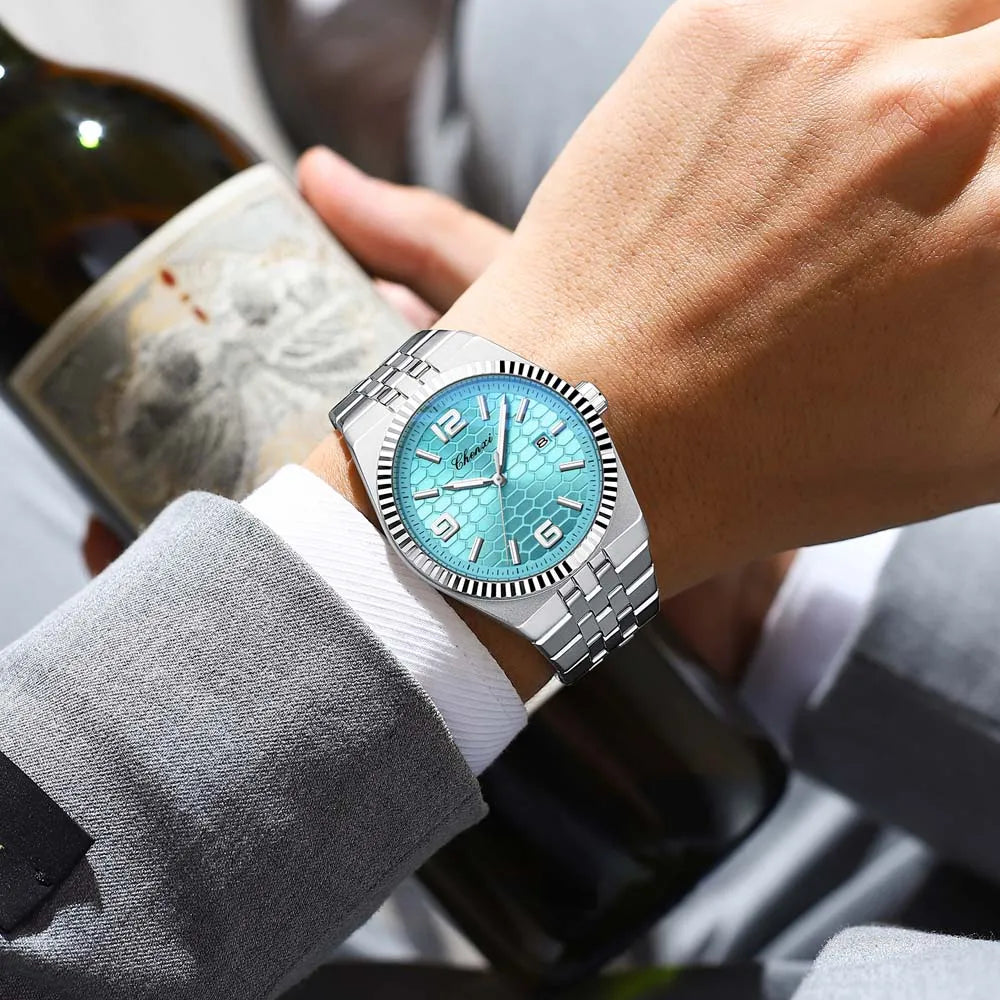 Cheetah men’s luxury watch with green textured dial and stainless steel bracelet