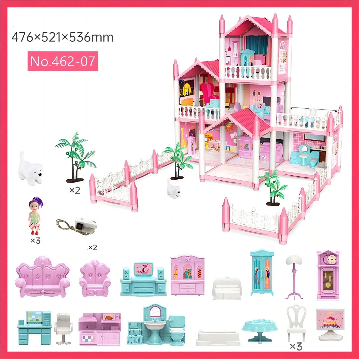 Large multi-story luxury dollhouse playset with family, rooms, and accessories