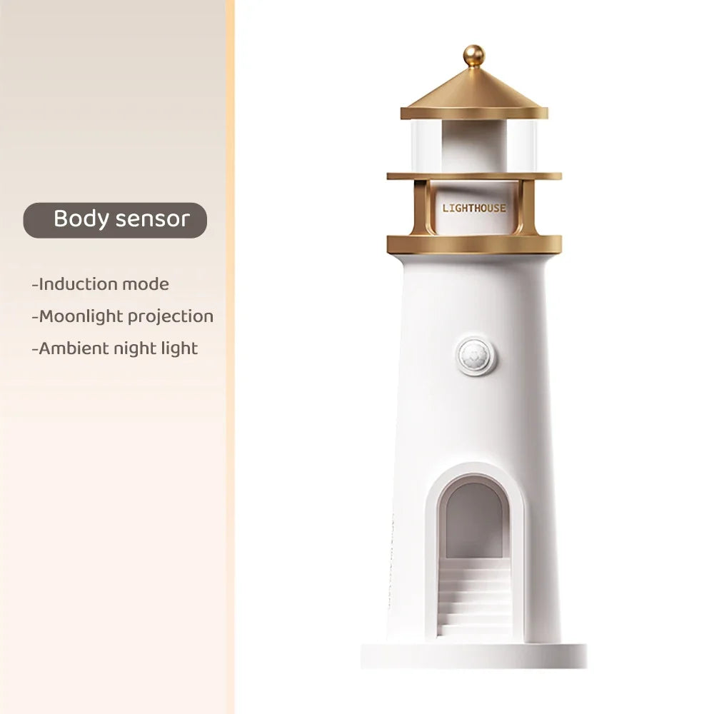 Lighthouse lamp and 3D moon night light on bedside table with vase and book