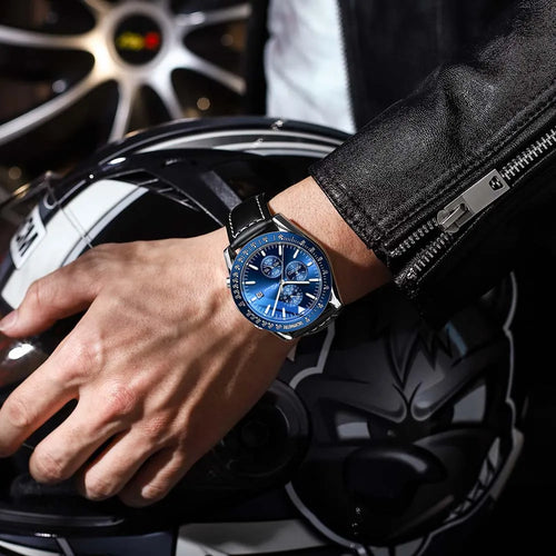 Biden blue racing chronograph watch, leather strap, sunburst dial, subdials, stainless steel case