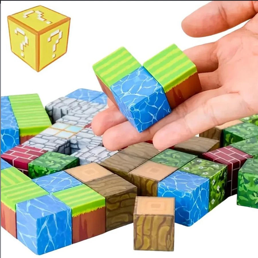 Pixel block building set for family play, colorful cubes, and themed characters