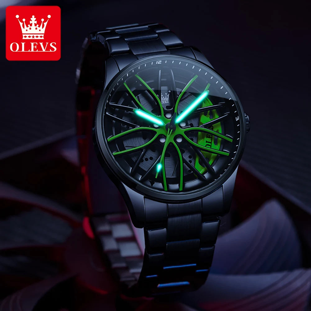 OLEVS men’s green skeleton wheel watch with black stainless bracelet and futuristic luminous dial”