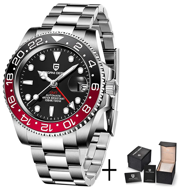 Pagani Design Pepsi GMT automatic men’s watch, red-blue bezel, black dial, Jubilee steel bracelet