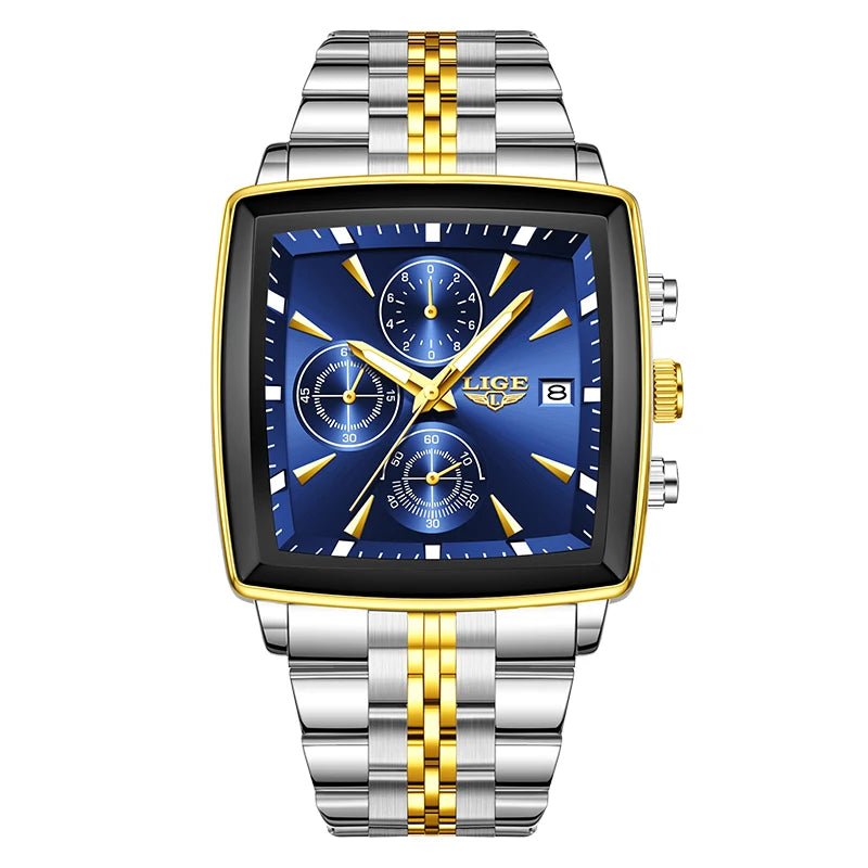 Luxury men’s square chronograph watch with black dial, gold case, and two-tone stainless steel bracelet”
