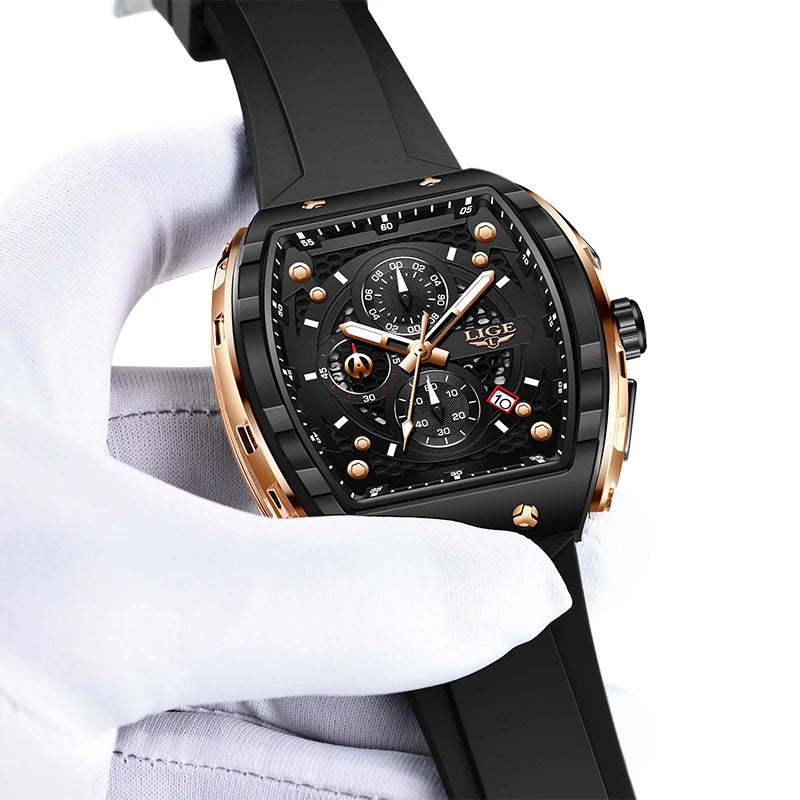 LIGE tonneau sport luxury men’s chronograph watch with black dial, gold accents, silicone strap”