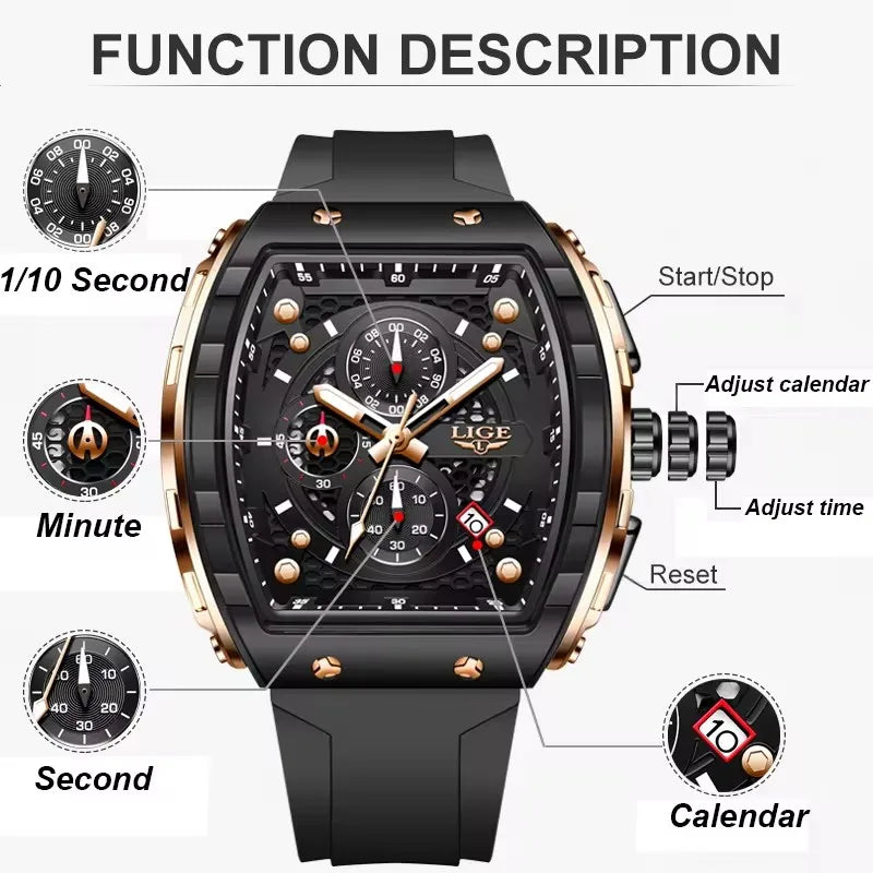 LIGE tonneau sport luxury men’s chronograph watch with black dial, gold accents, silicone strap”