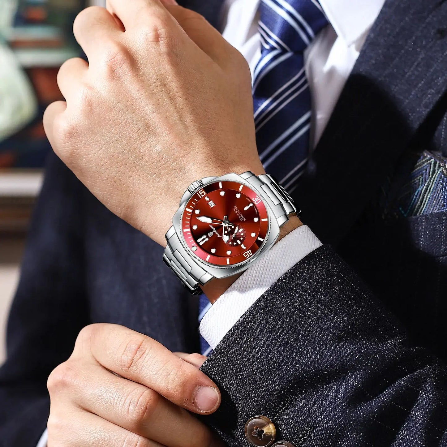 Pagani Design red diver watch with stainless steel bracelet and bold red dial
