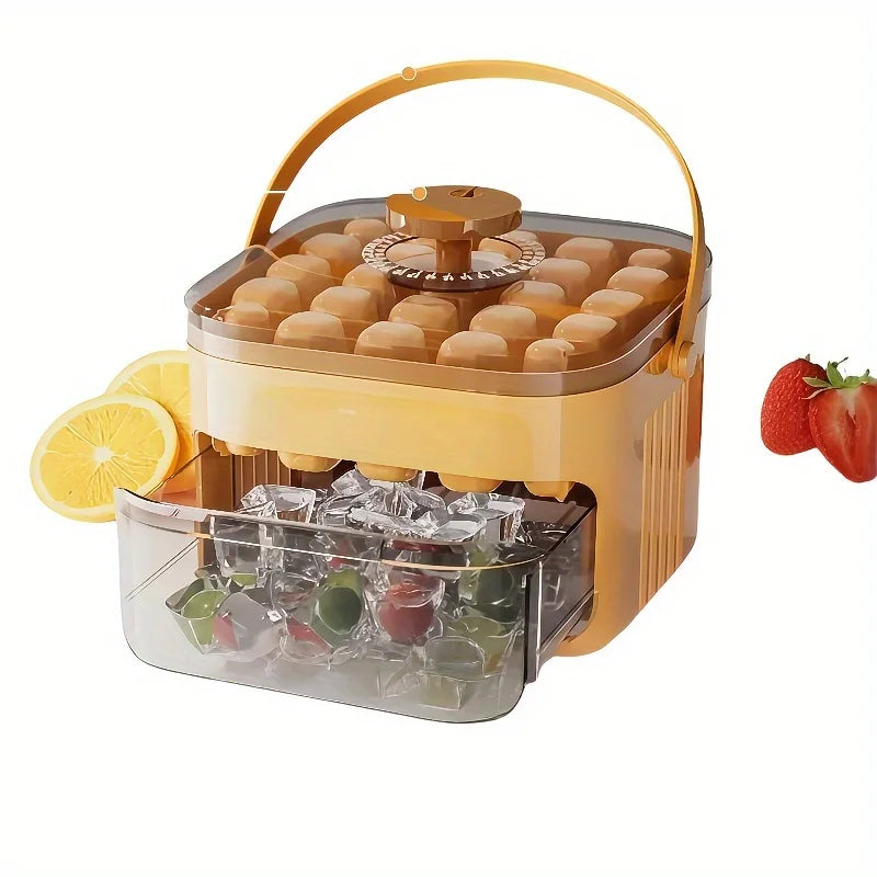 Large capacity ice cube box with easy-release lid, scoop, and clear storage bin