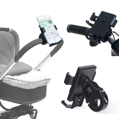 Universal phone holder mount for stroller, bike, and cart handlebars”