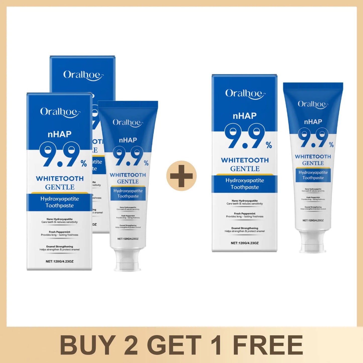 Oralhoe nHAP 9.9% hydroxyapatite toothpaste box and tube mint fresh gentle whitening