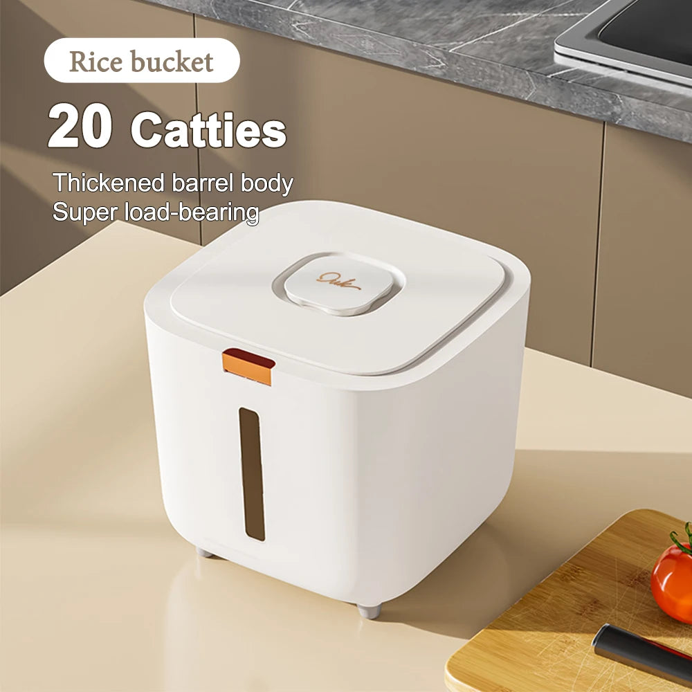 Sealed kitchen rice and grain storage container with moisture absorber and clear window