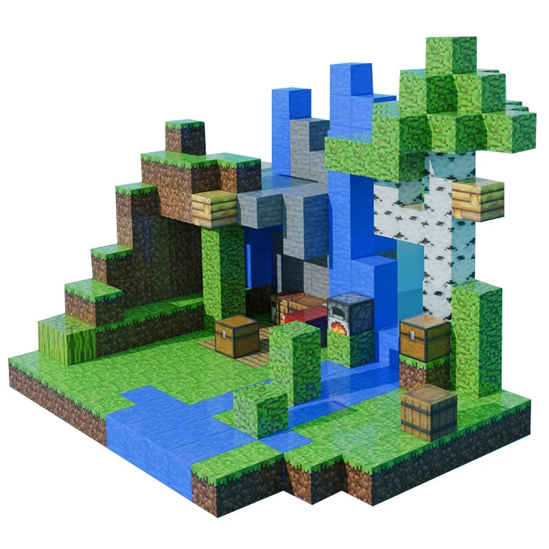 Pixel block building set for family play, colorful cubes, and themed characters