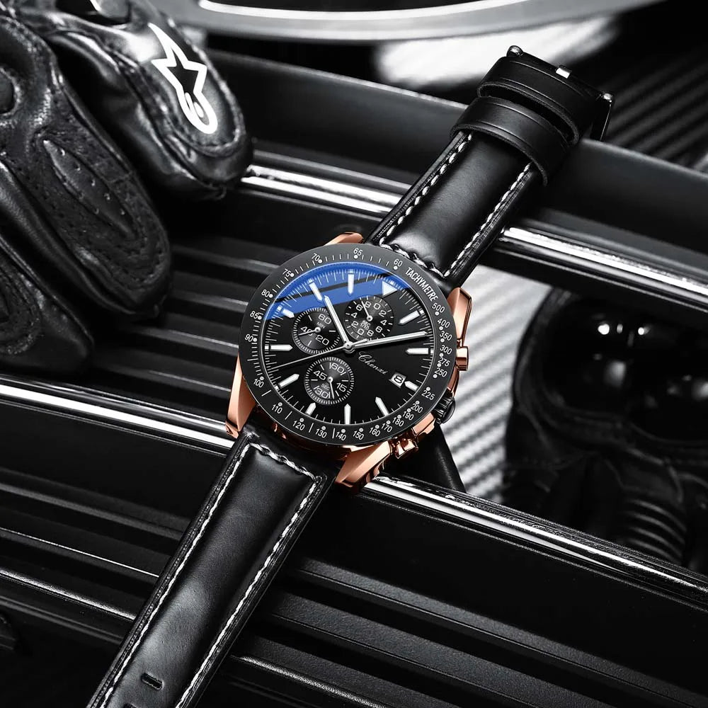 Biden blue racing chronograph watch, leather strap, sunburst dial, subdials, stainless steel case