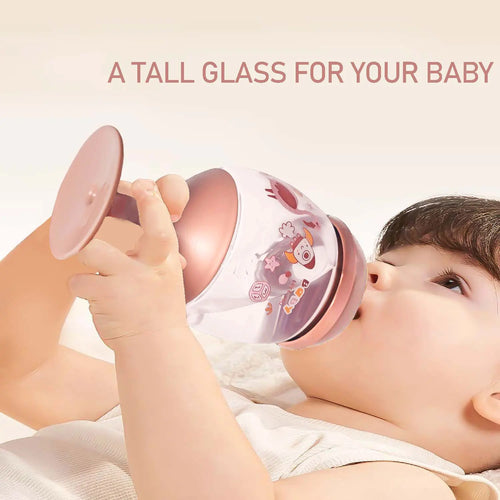 No-spill ergonomic baby cup with tall straw, easy grip, and fun cartoon design