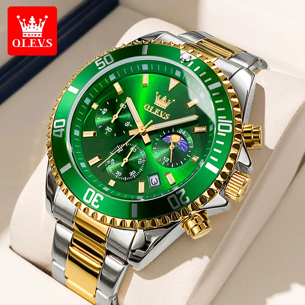 OLEVS chronograph dive watch collection in gold, silver, black, green, and blue with mixed steel bracelets