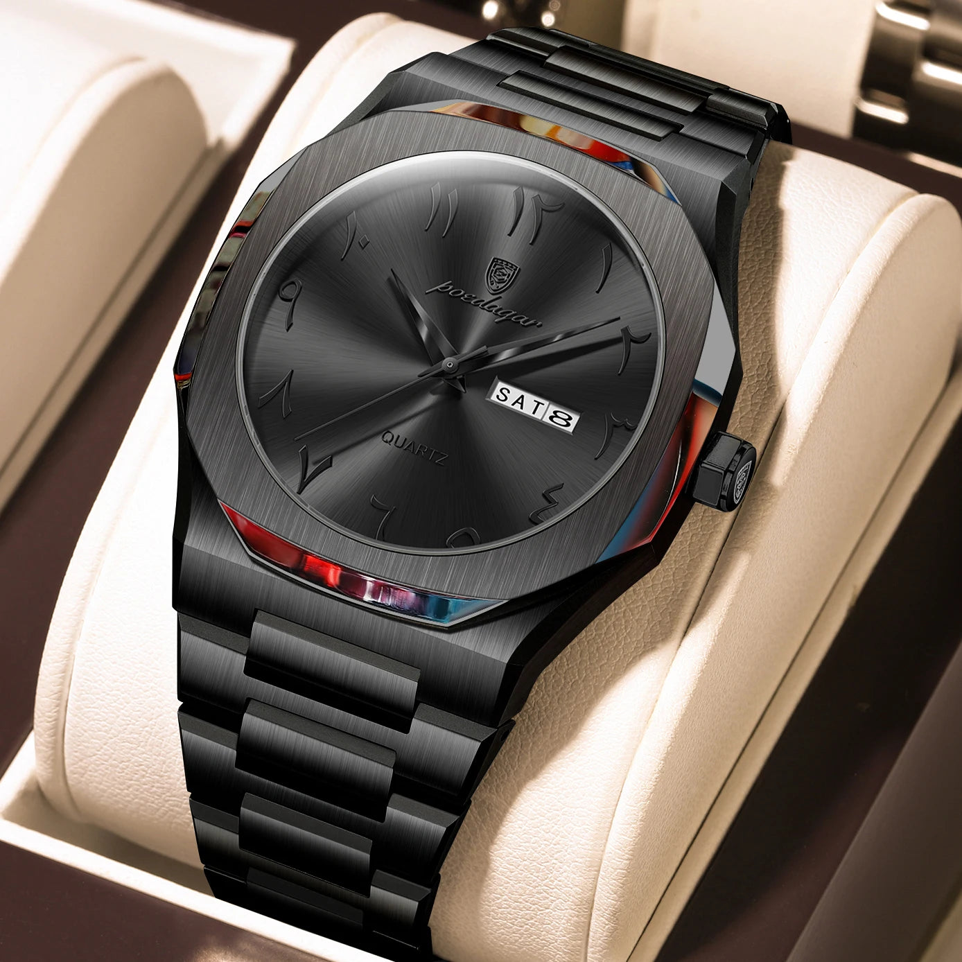 PAGANI DESIGN all-black men’s watch with octagonal case and day date display