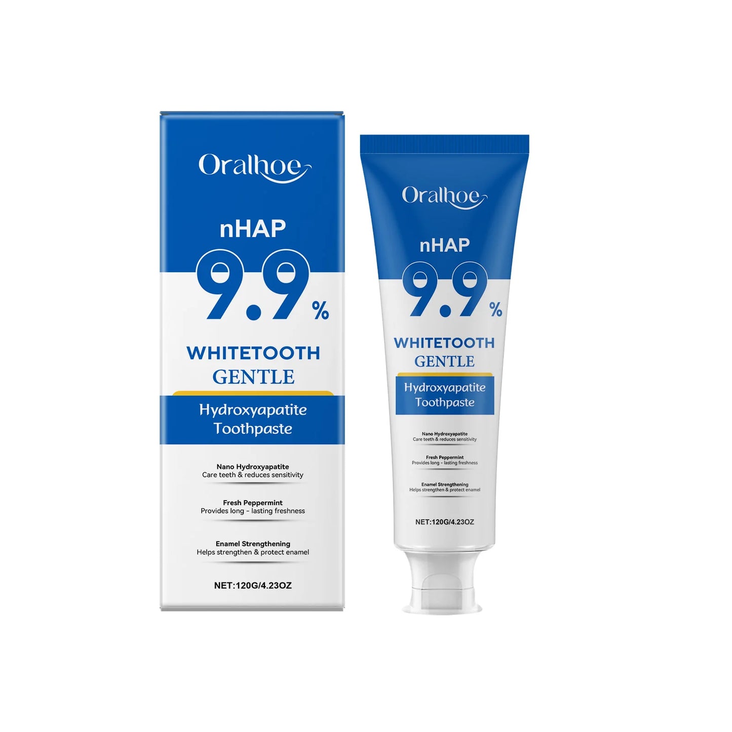 Oralhoe nHAP 9.9% hydroxyapatite toothpaste box and tube mint fresh gentle whitening