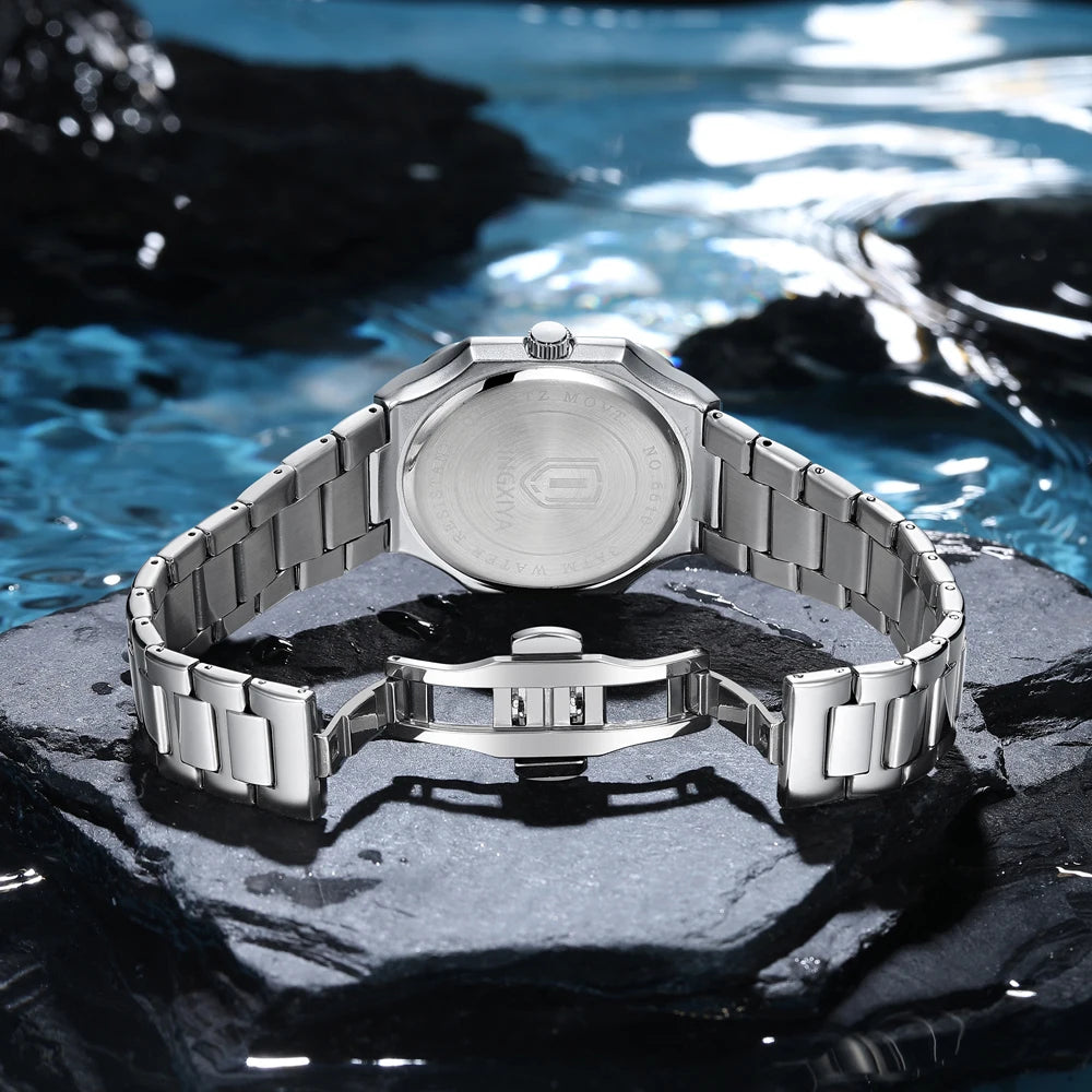 Modern men’s square stainless steel watch with textured dial and link bracelet
