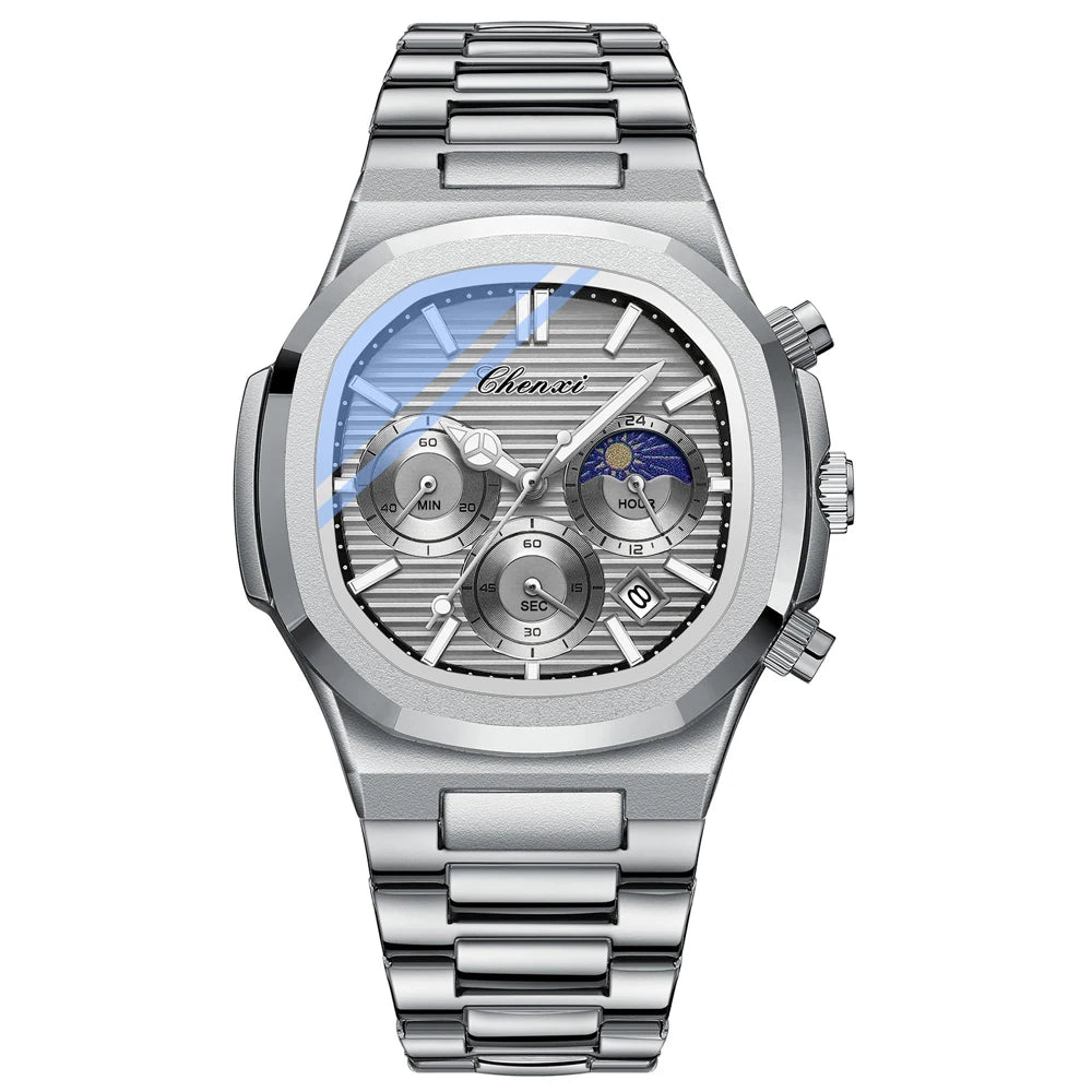 Ekonai blue chronograph watch, silver stainless steel bracelet, textured blue dial, multi-subdials