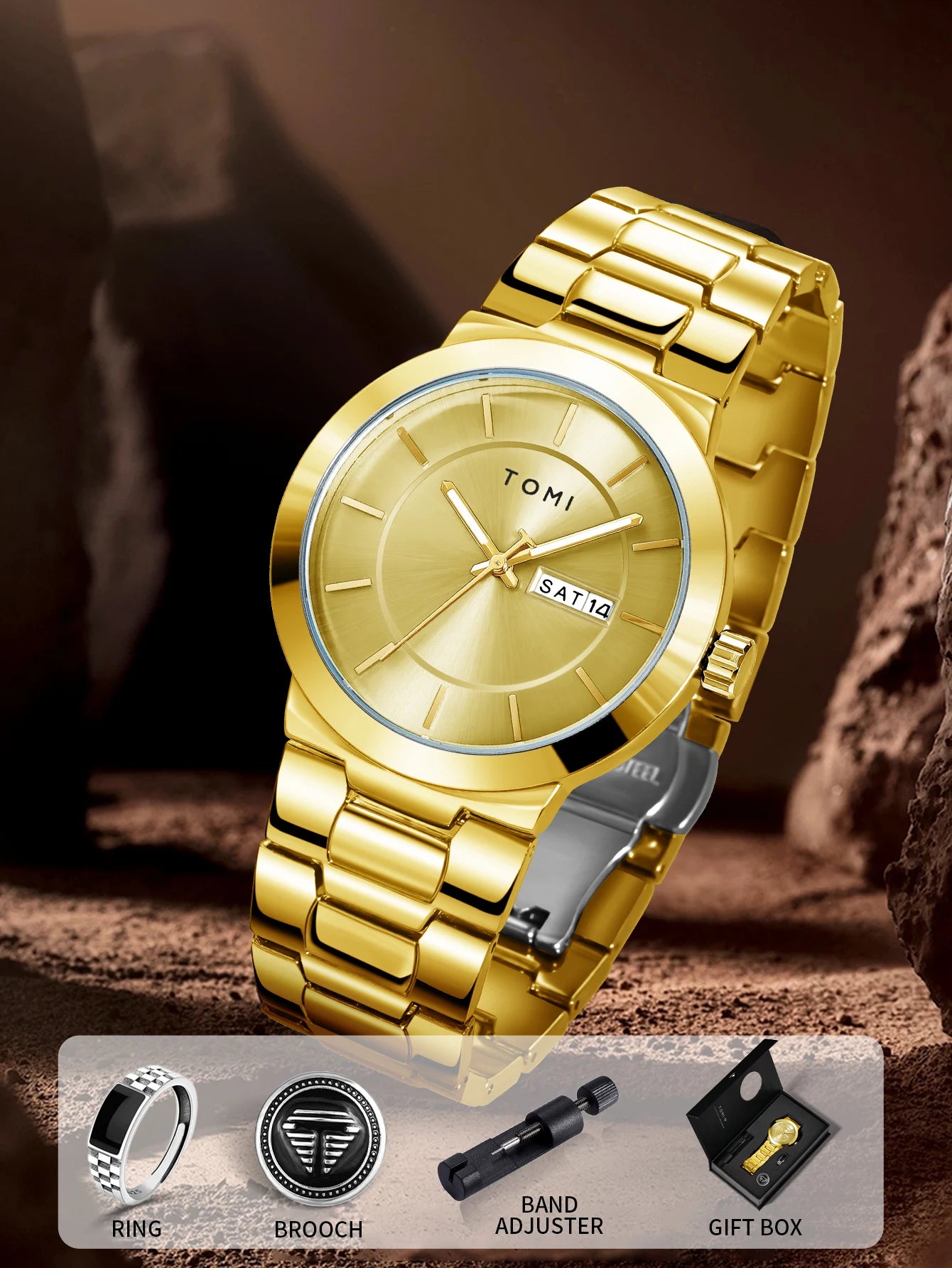 TOMI men’s blue dial minimalist watch with stainless steel bracelet and date display