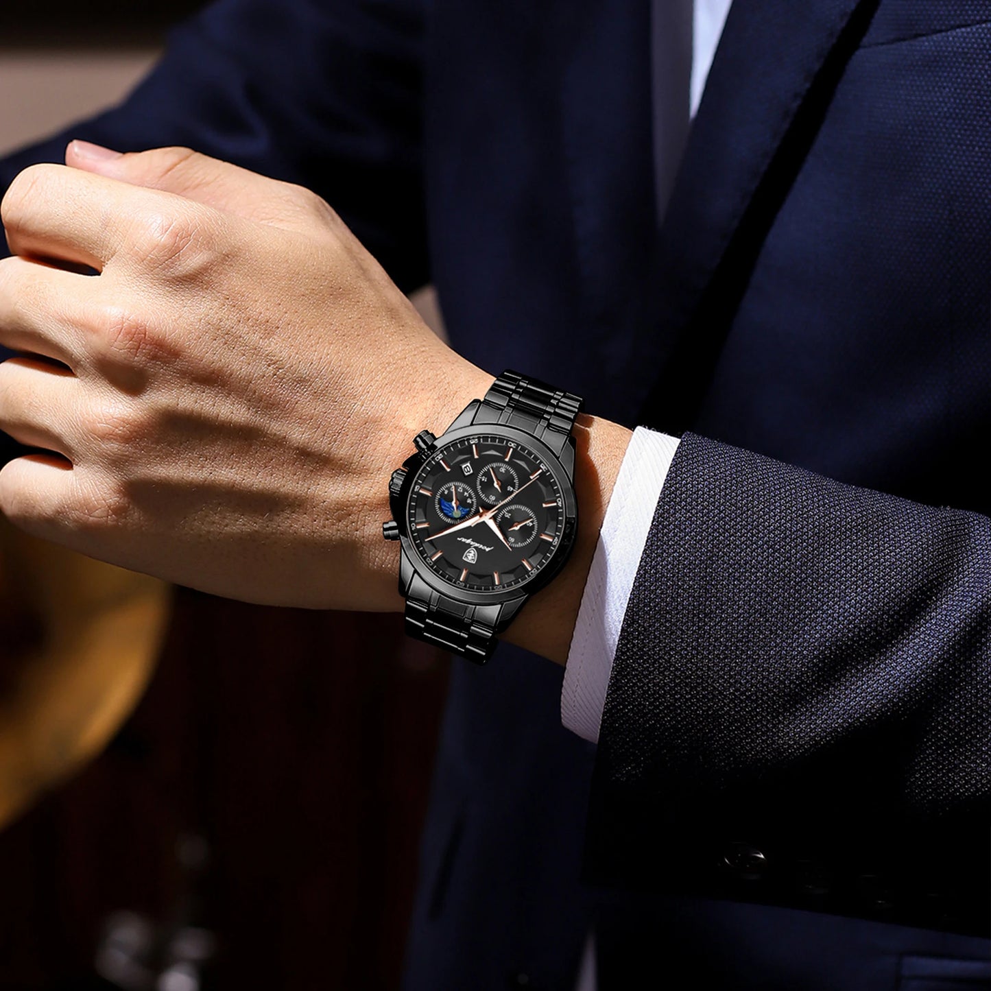 PAGANI DESIGN luxury black chronograph men’s watch with moon phase and subdials