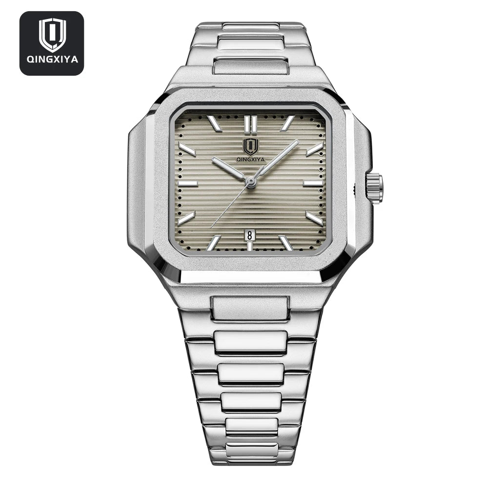 Modern men’s square stainless steel watch with textured dial and link bracelet