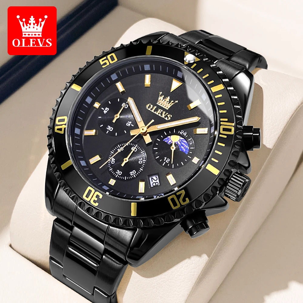 OLEVS chronograph dive watch collection in gold, silver, black, green, and blue with mixed steel bracelets