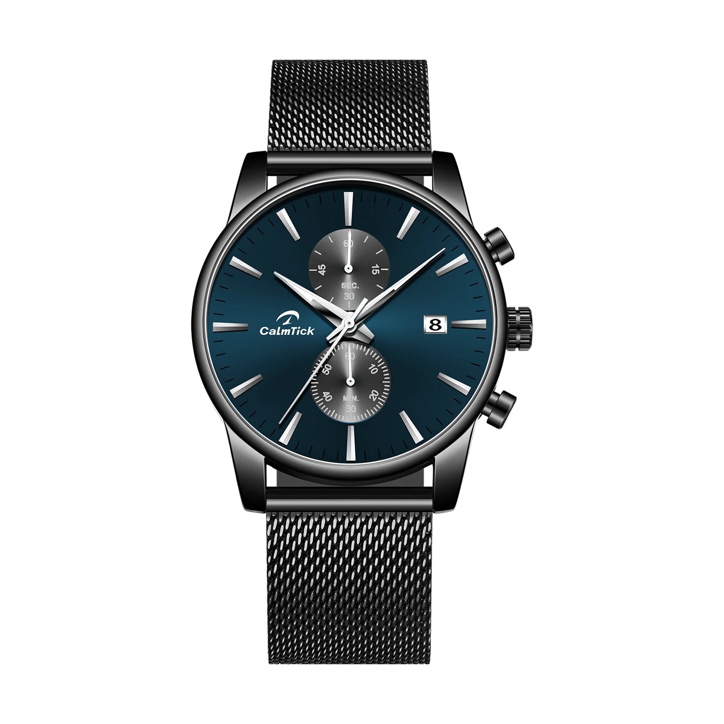 Cheetah black mesh waterproof chronograph watch with blue dial and luminous markers