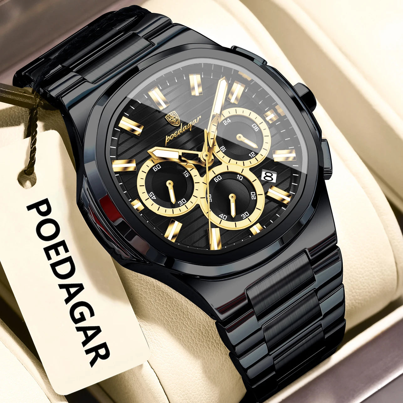 Luxury men’s blue chronograph watch with stainless steel bracelet, sporty dial, and multi-subdial features”