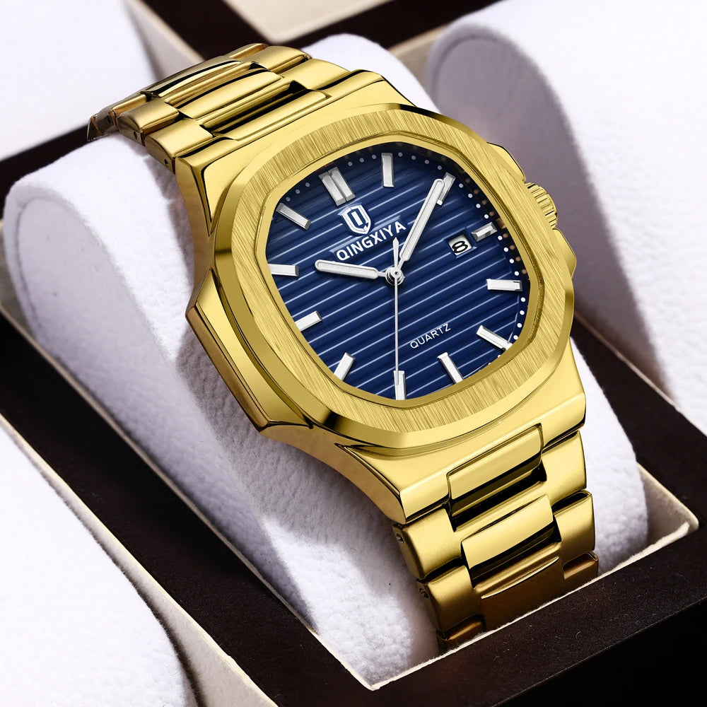 Qingxia gold blue Nautilus quartz watch with blue textured dial and gold link bracelet