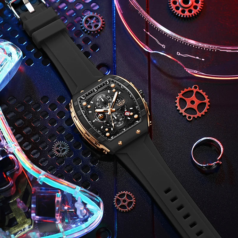 LIGE tonneau sport luxury men’s chronograph watch with black dial, gold accents, silicone strap”
