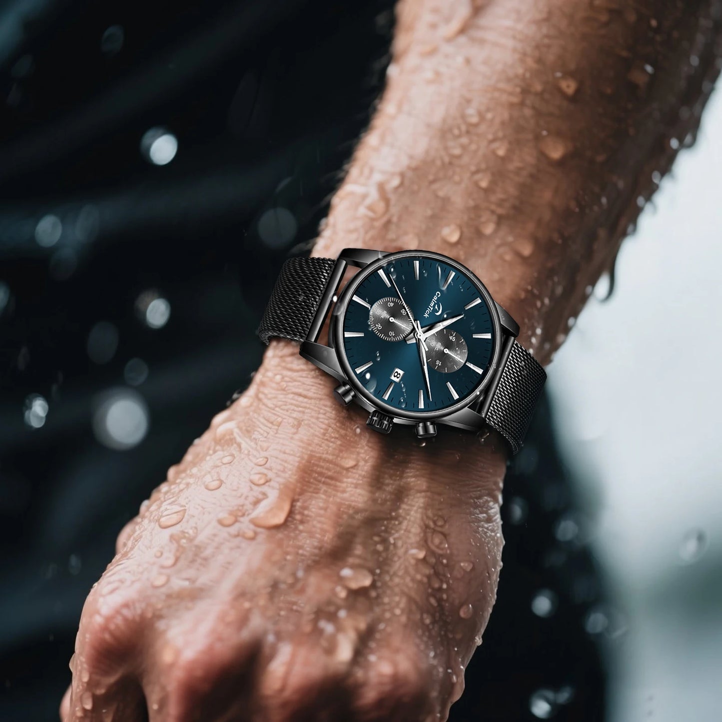 Cheetah black mesh waterproof chronograph watch with blue dial and luminous markers