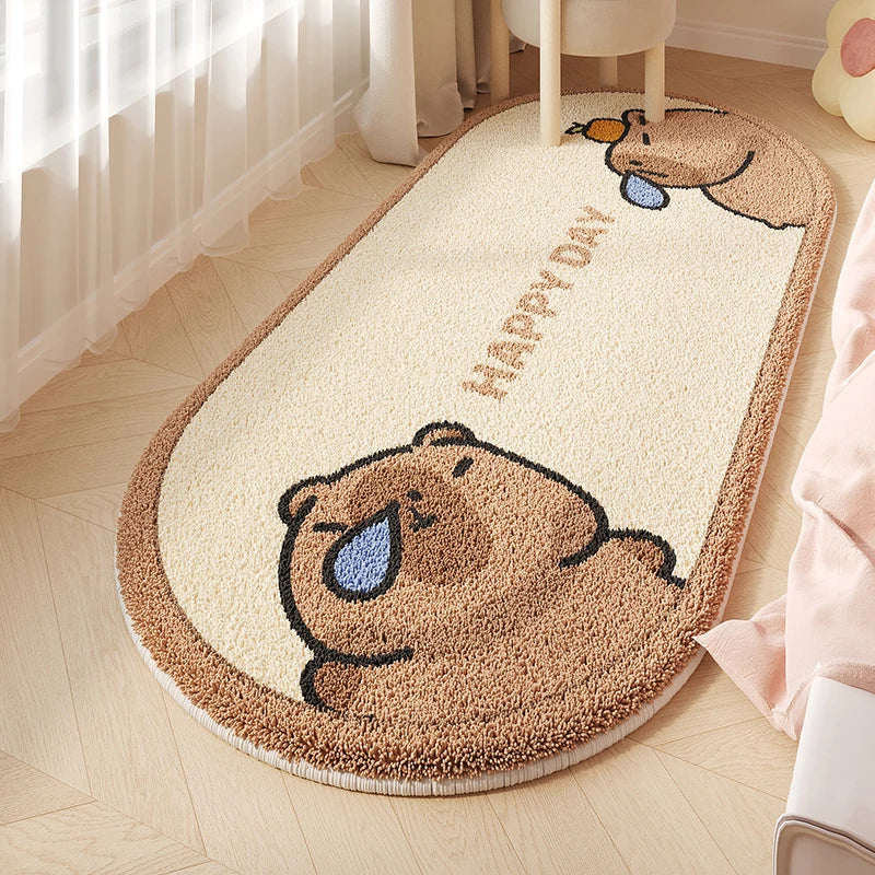 Soft bear print nursery rug with good luck cartoon design