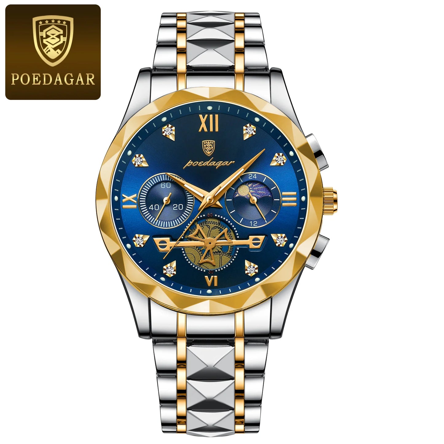 Pagani Design men’s blue dial chronograph watch with gold and silver steel bracelet