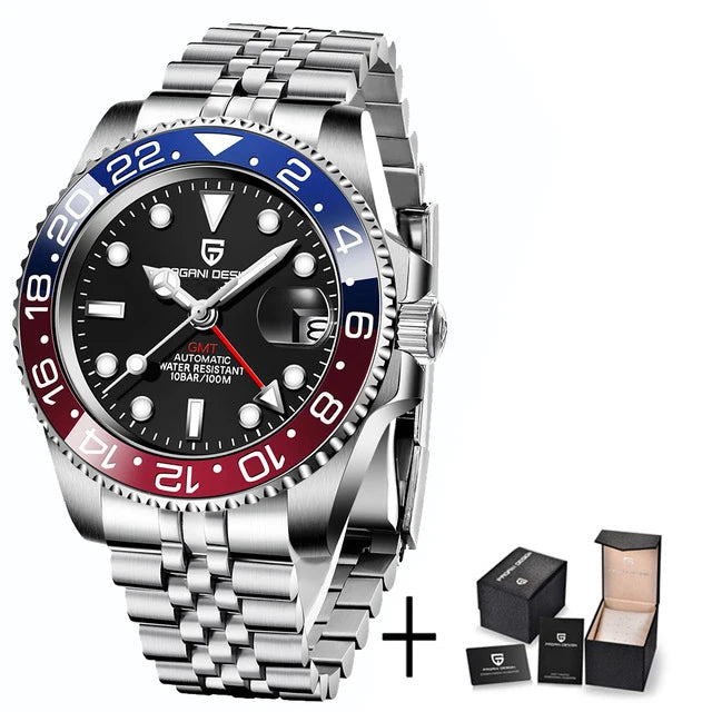 Pagani Design Pepsi GMT automatic men’s watch, red-blue bezel, black dial, Jubilee steel bracelet