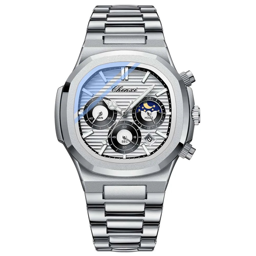 Ekonai blue chronograph watch, silver stainless steel bracelet, textured blue dial, multi-subdials