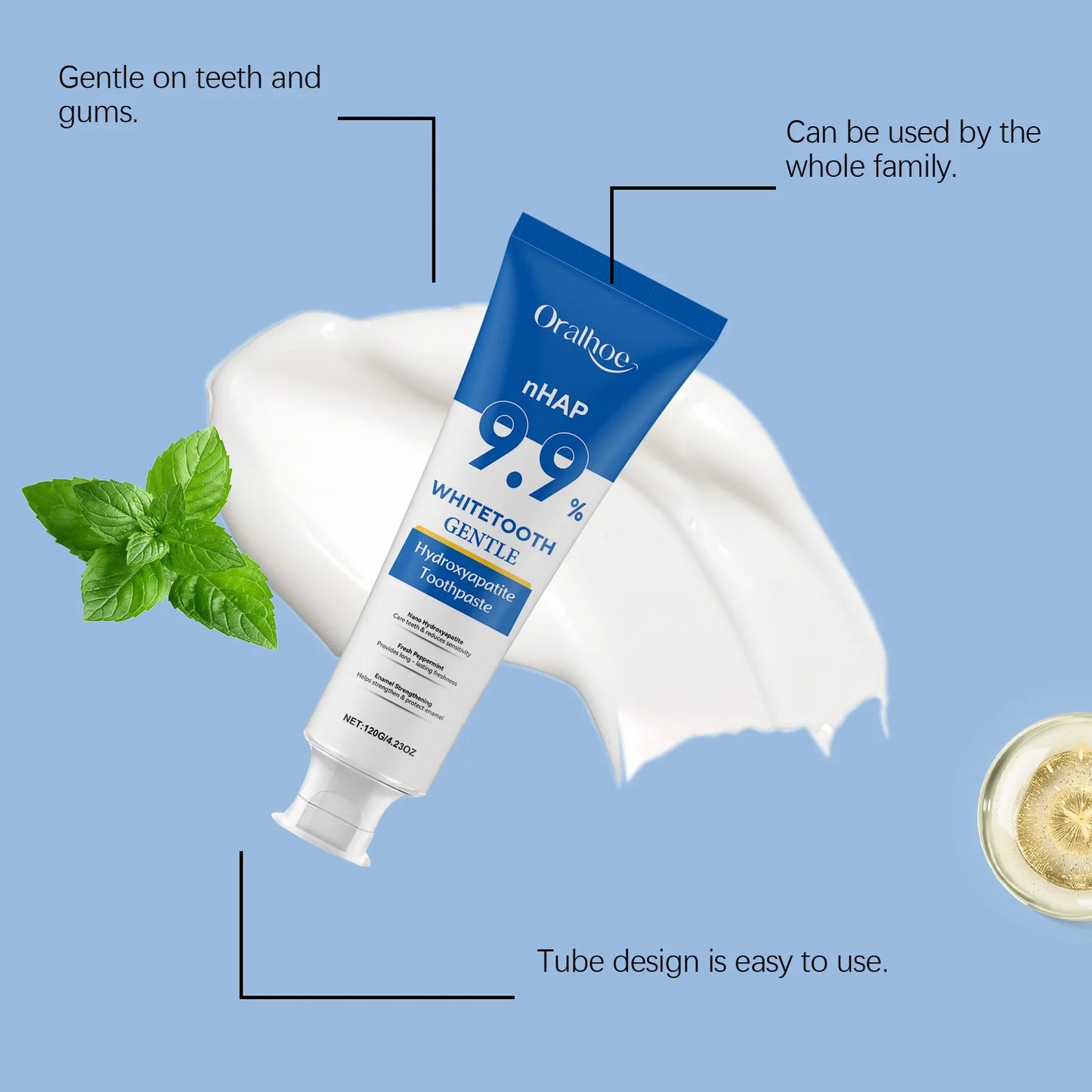 Oralhoe nHAP 9.9% hydroxyapatite toothpaste box and tube mint fresh gentle whitening