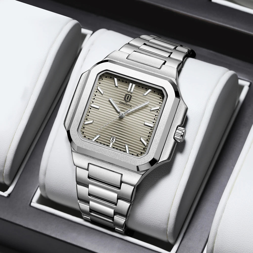 vModern men’s square stainless steel watch with textured dial and link bracelet