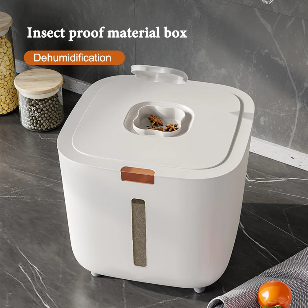 Sealed kitchen rice and grain storage container with moisture absorber and clear window
