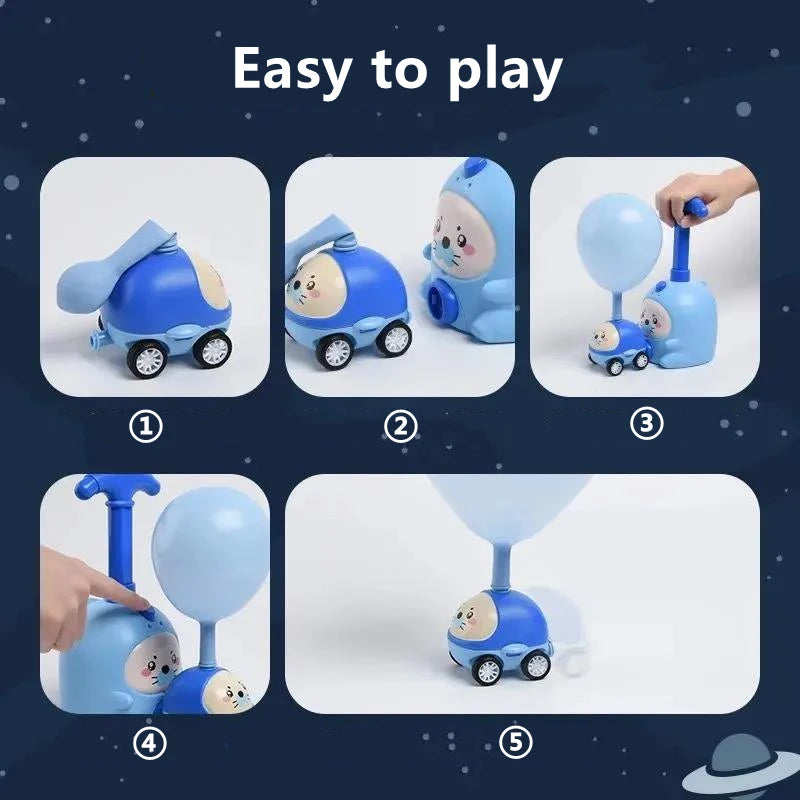 Balloon powered car launcher toy for kids with colorful balloons and cute design
