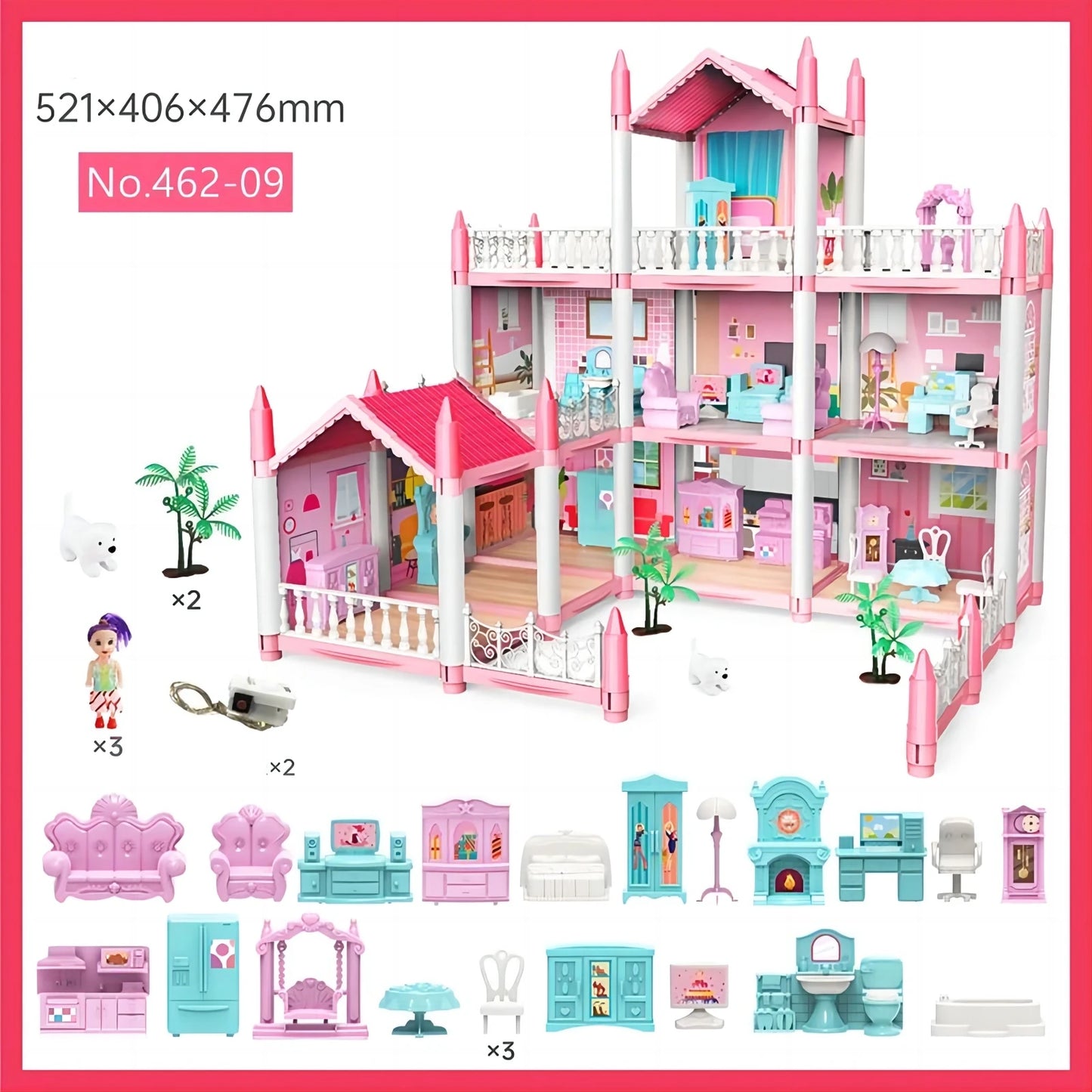 Large multi-story luxury dollhouse playset with family, rooms, and accessories