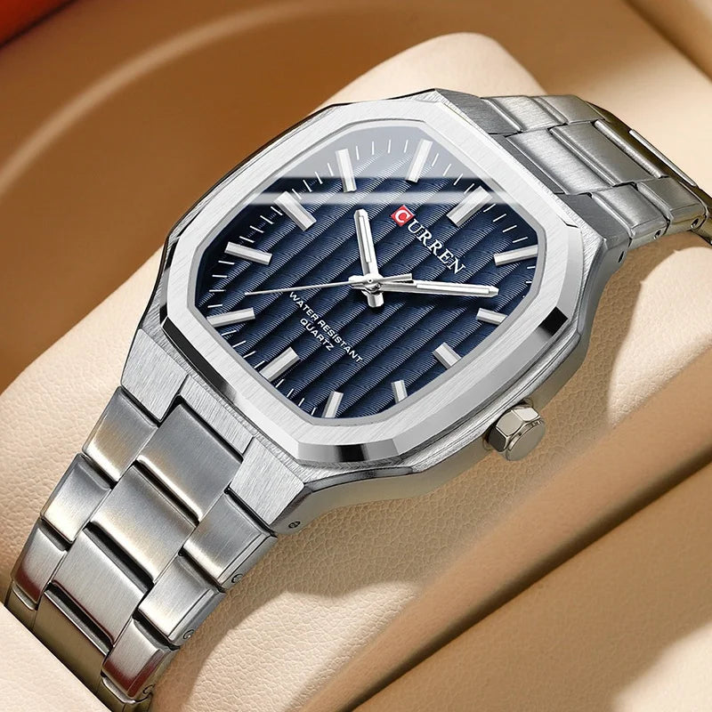 CURREN men’s luxury stainless steel octagonal watch with blue textured dial