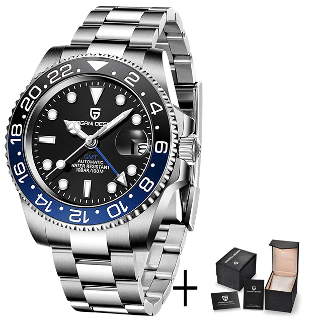Pagani Design Pepsi GMT automatic men’s watch, red-blue bezel, black dial, Jubilee steel bracelet