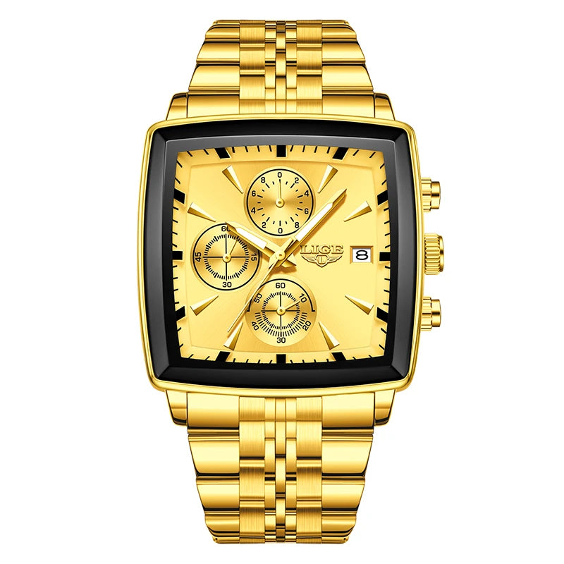 Luxury men’s square chronograph watch with black dial, gold case, and two-tone stainless steel bracelet”
