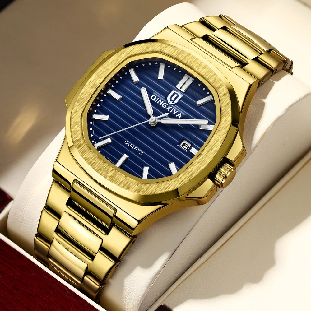 Qingxia gold blue Nautilus quartz watch with blue textured dial and gold link bracelet