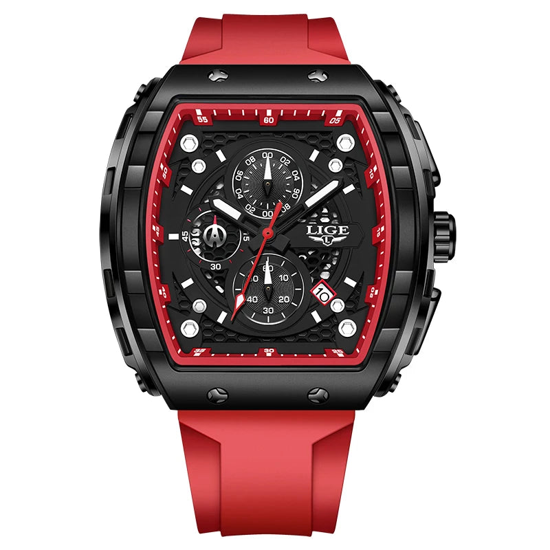 LIGE tonneau sport luxury men’s chronograph watch with black dial, gold accents, silicone strap”