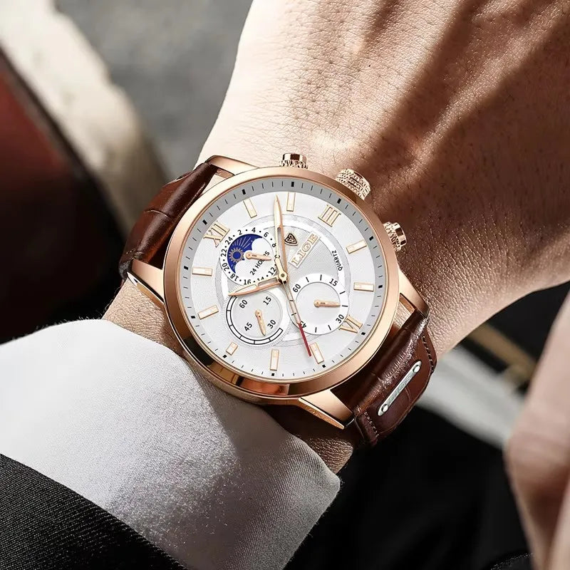 “LIGE rose gold chronograph watch, white dial, brown leather strap, moonphase subdial, formal men’s style
