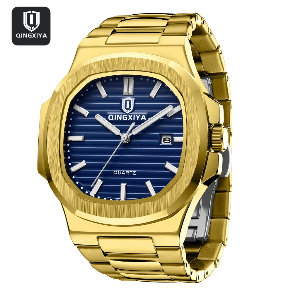 Qingxia gold blue Nautilus quartz watch with blue textured dial and gold link bracelet