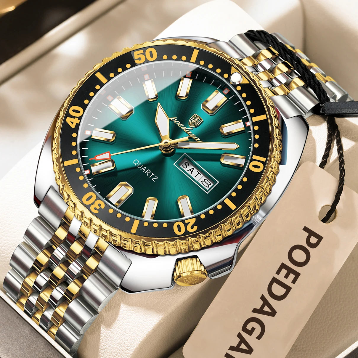 Pagani Design green diver watch with stainless steel bracelet and luminous markers